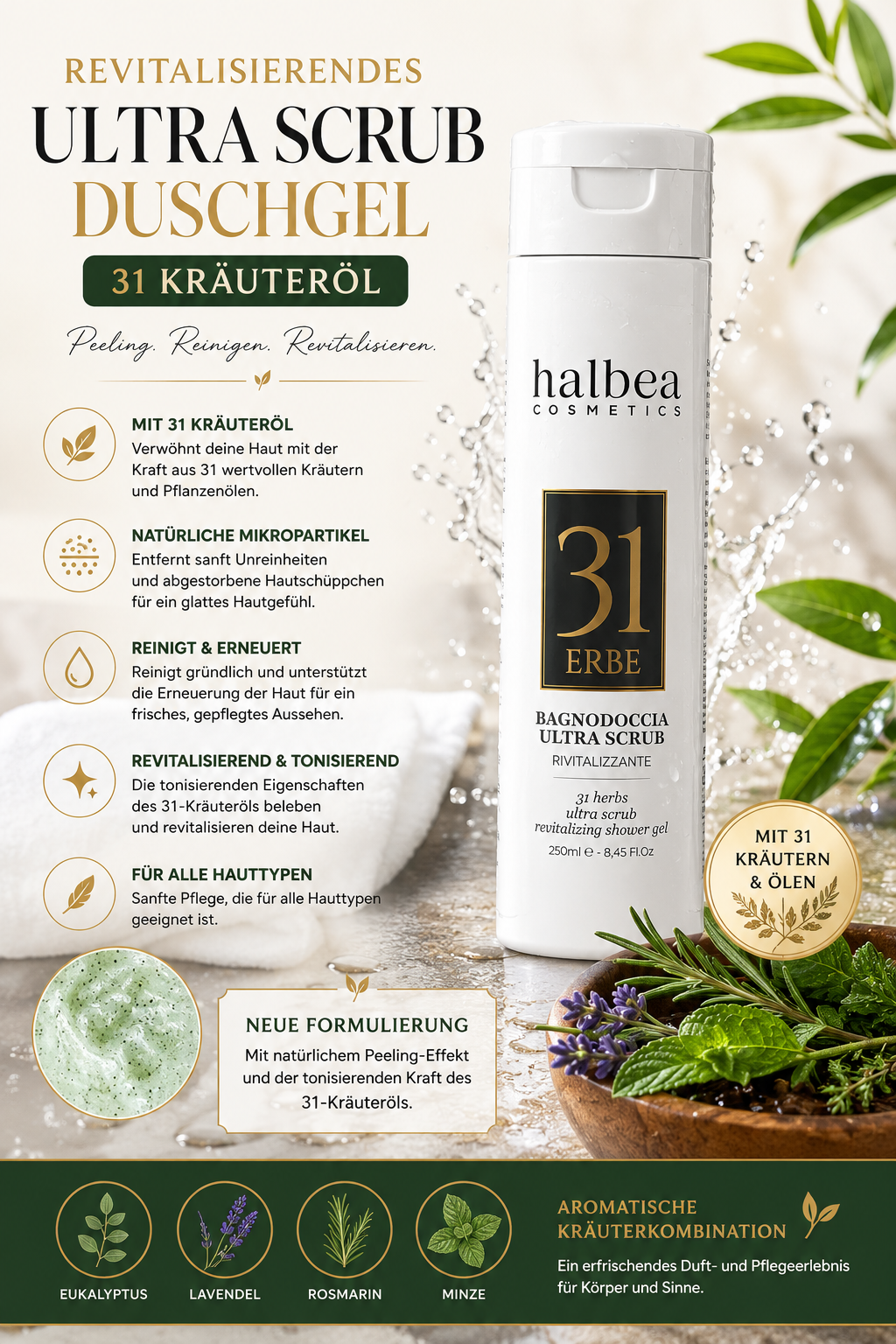 🌿✨ Revitalisierendes Ultra Scrub Duschgel – 31 Kräuteröl | 250 ml ✨🌿