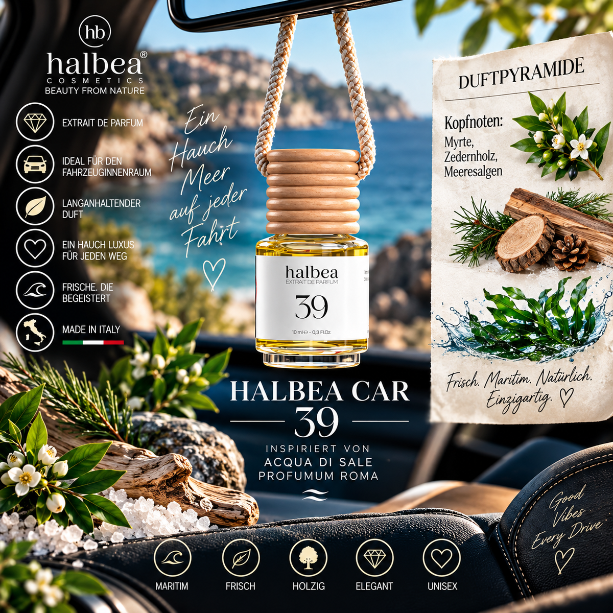 🌊🚗 Halbea Car 39 – Auto-Duft 10 ml | Extrait de Parfum 🚗🌊inspiriert von Acqua di Sale – Profumum Roma