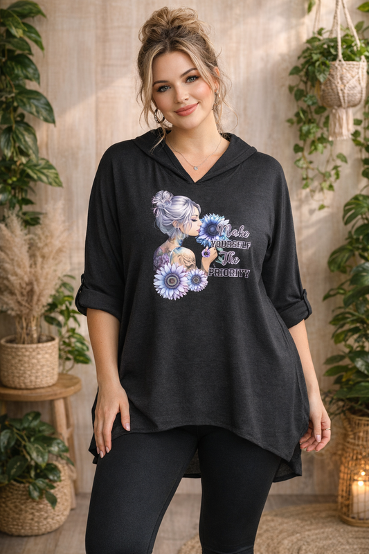 🌸 Blusen-Hoodie "Make Yourself the Priority" 🌸Gr. 46 - 54 in vielen Farben