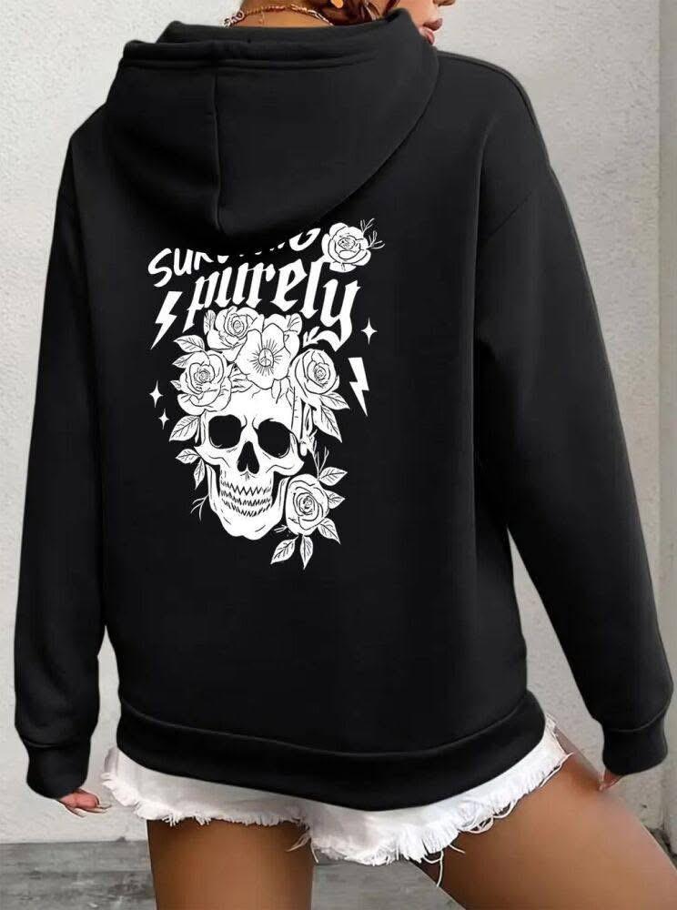 💀 Damen Hoodie „Purely Skull“ – Oversize Kapuzenpullover mit Totenkopf & Rosen – Baumwolle
