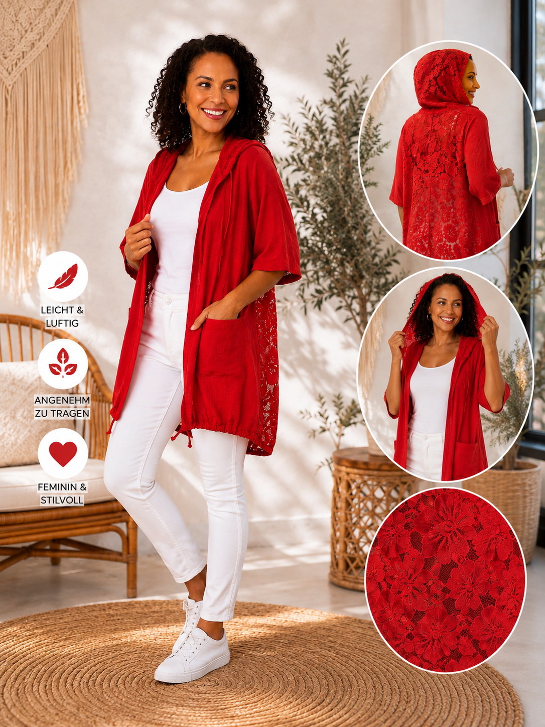 🌸 Spitzen-Jacke mit Kapuze – Gr. 38–44 | Rot & Gelb 🌸