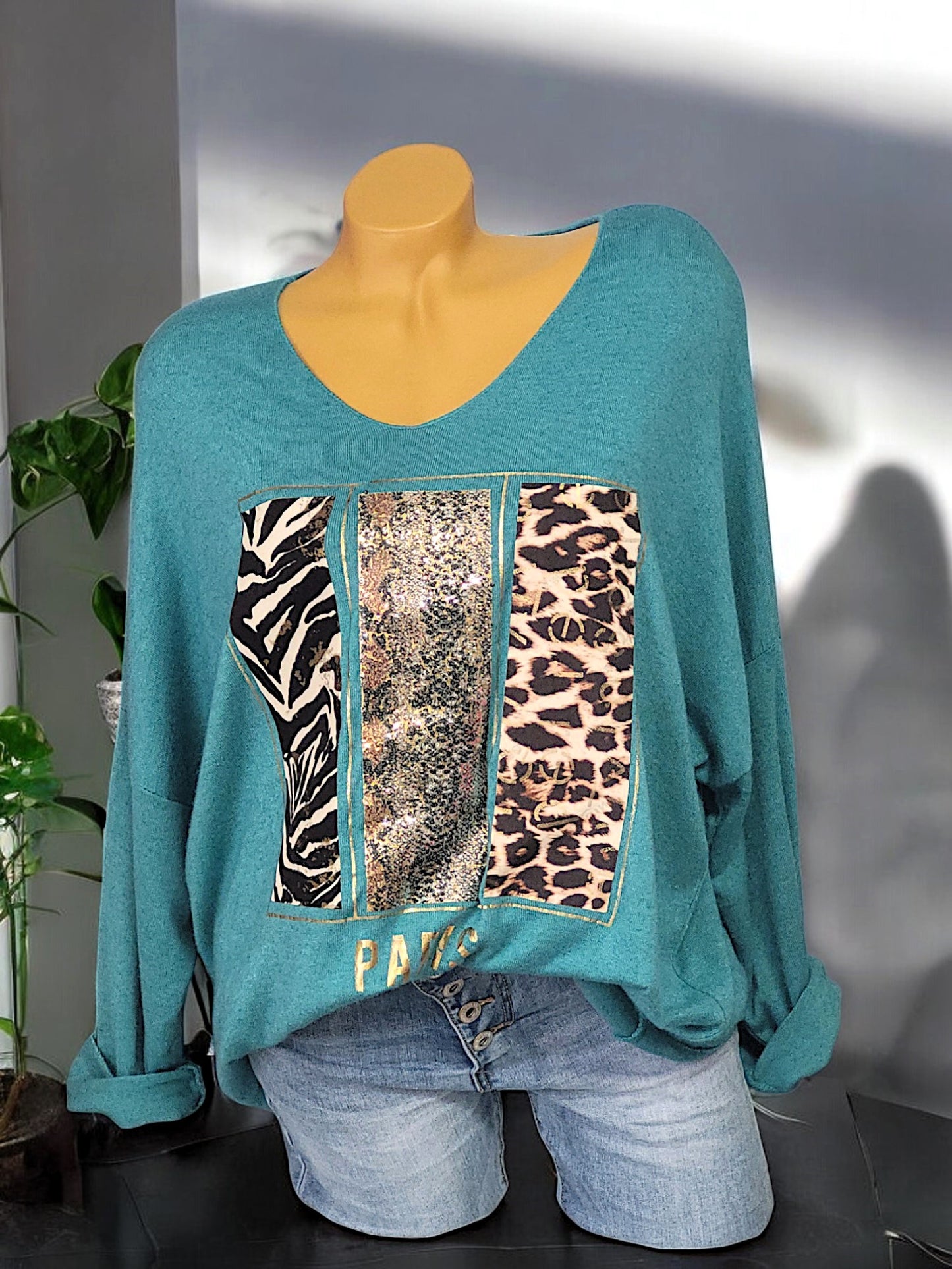 Feinstrick-Pullover mit Animal-Print und Pailletten Gr. 42 - 46 in versch. Farben
