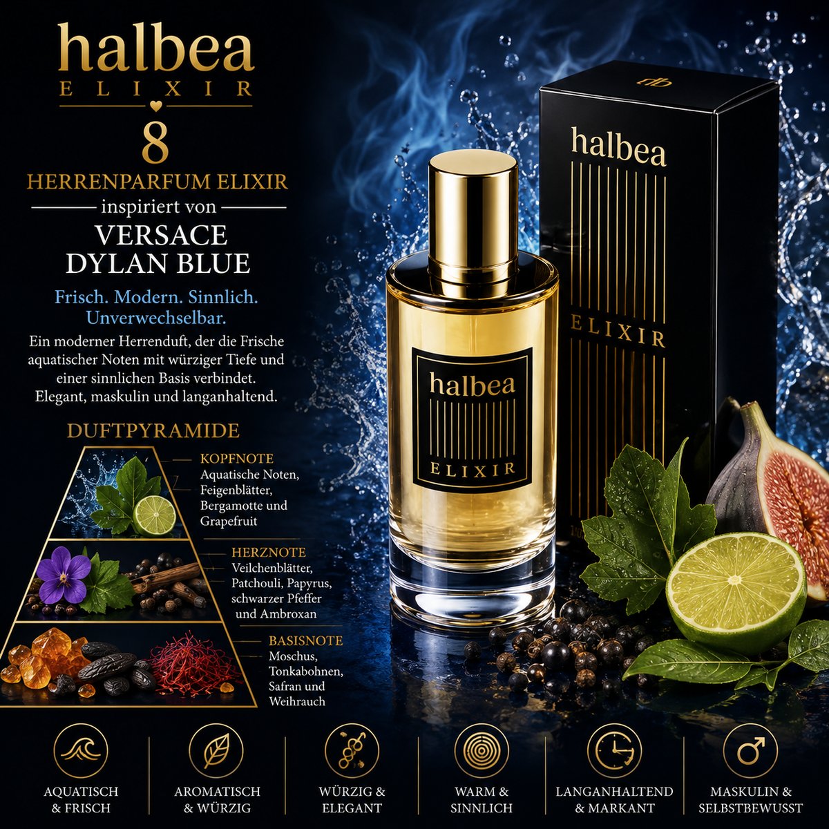 💙 HALBEA 8 – HERRENPARFUM ELIXIR 💙 ✨ Inspiriert von Versace – Dylan Blue ✨