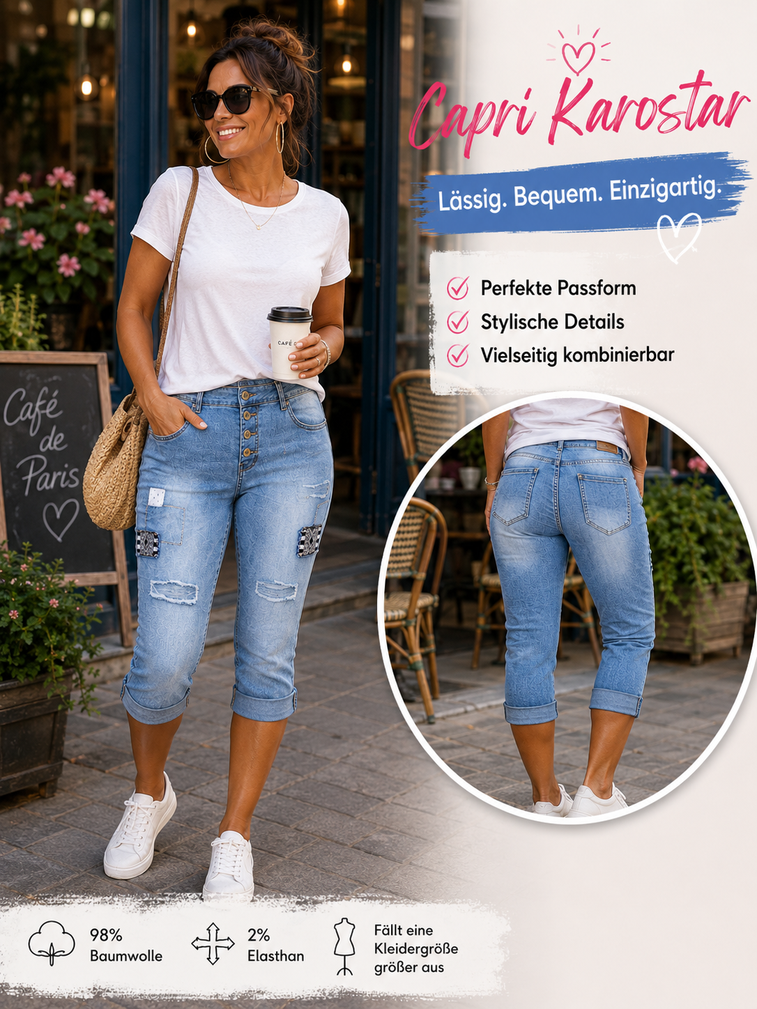 👖✨ Karostar Capri-Jeans KC2582 – Trendiger Used-Look | Gr. 38–40 ✨💙