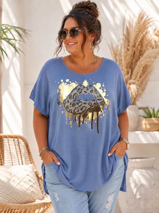💋✨ Oversize Statement-Shirt mit Leo-Lips Print – Gr. 42–46 ✨💋