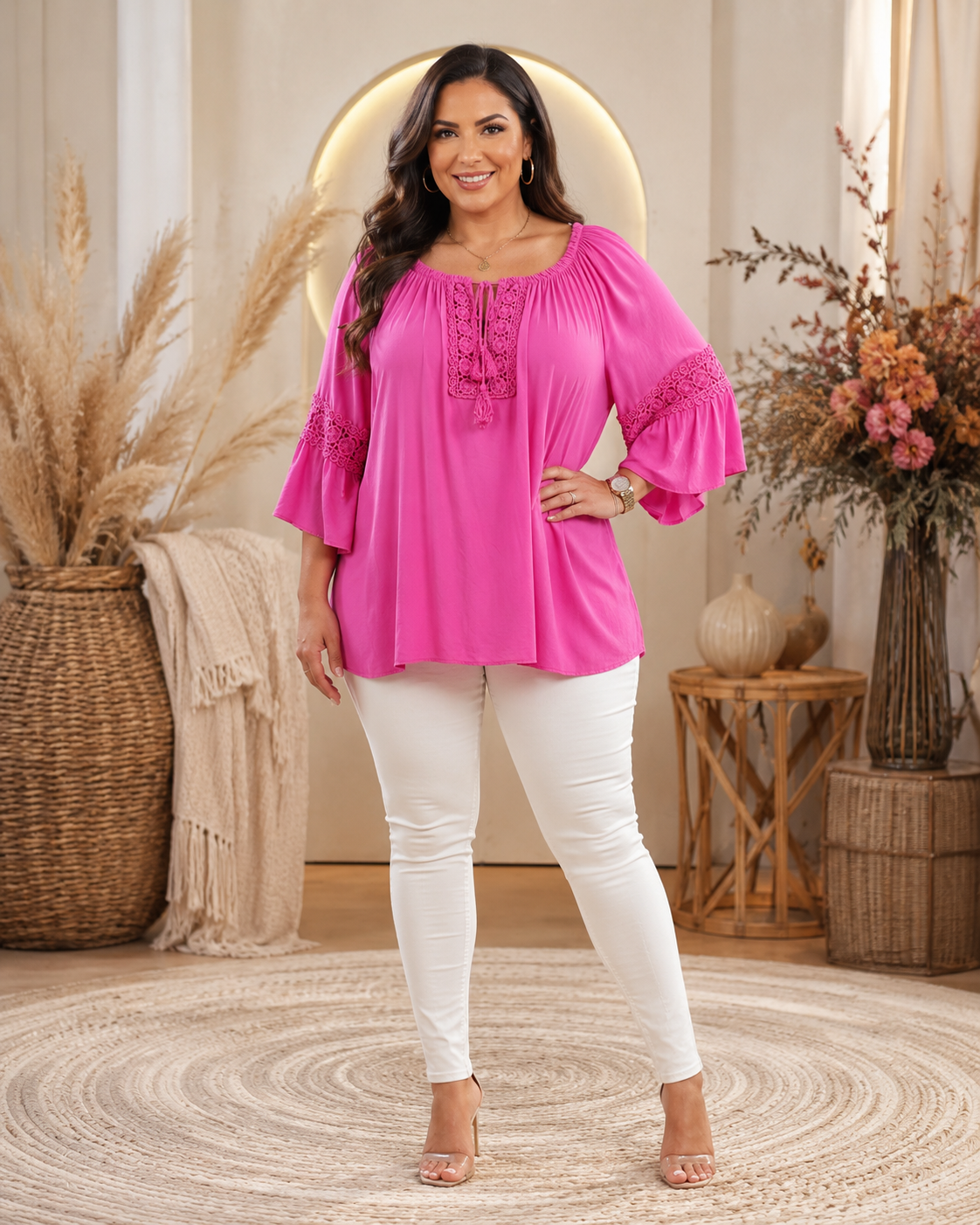 💕 Tunika in Pink mit Häkelspitze – Gr. 38–46 – luftig & feminin 🌸