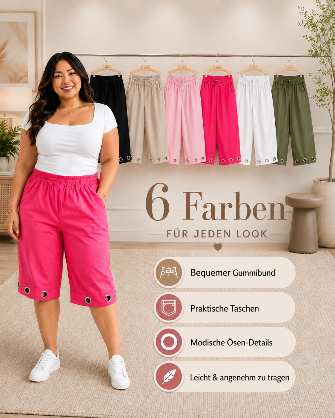 🩷👖 Capri-Hose mit Ösen-Details – Gr. 44–48 ✨🌸