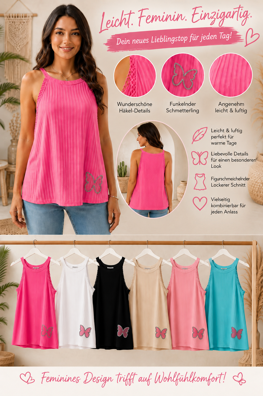 🌸🦋 Ripp-Top mit Schmetterlings-Detail – Leicht, feminin & einfach bezaubernd! 🦋🌸