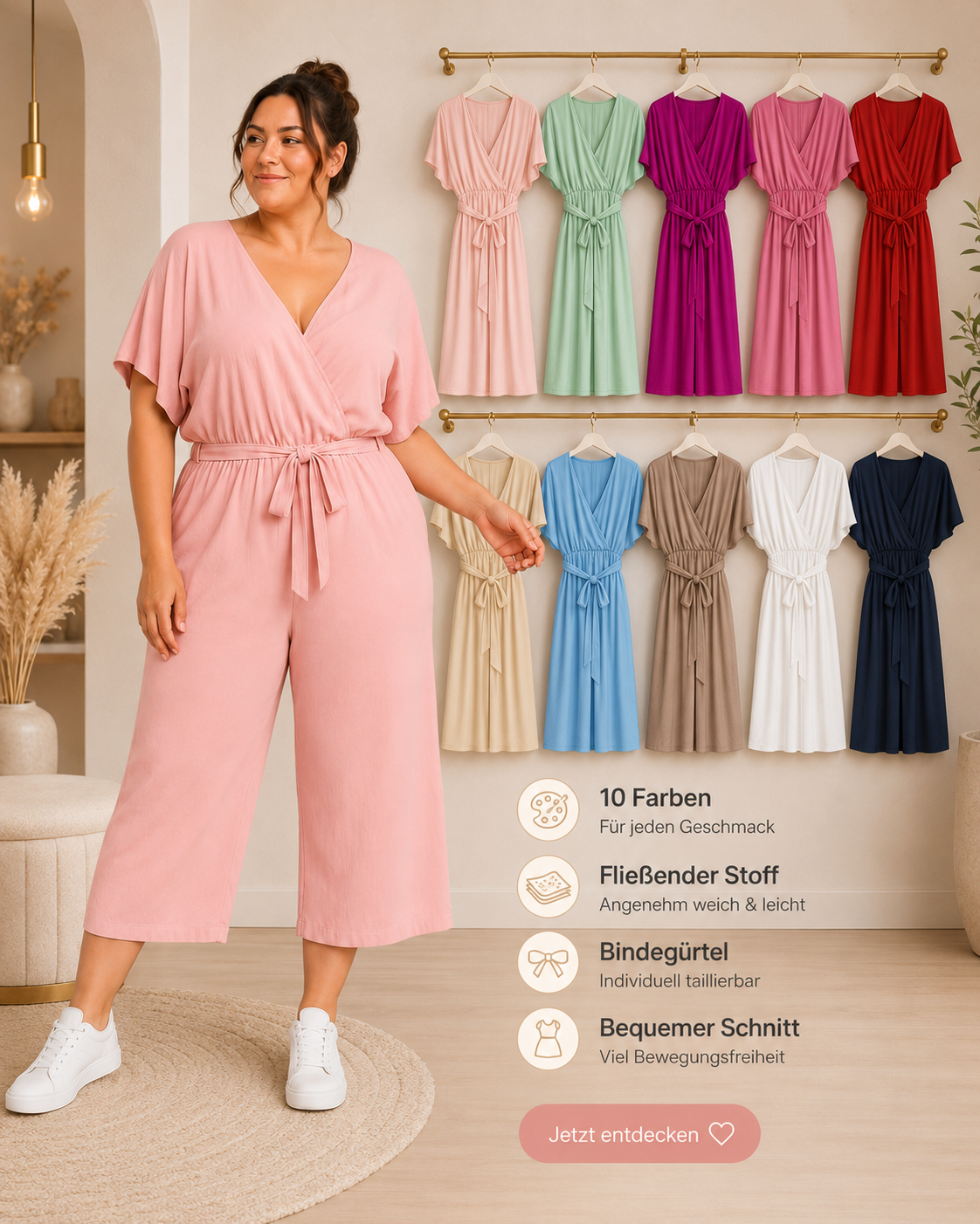 🌸👗 Jumpsuit mit Wickeloptik & Bindegürtel – Gr. 48–52 | 💕 Luftig, Elegant & Bequem 👗🌸