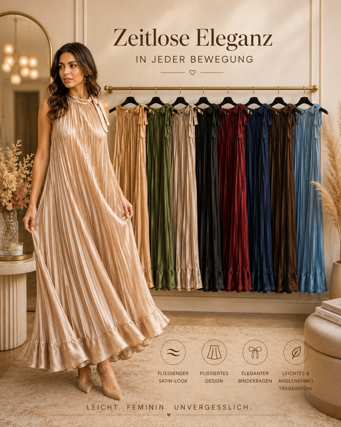 ✨ Plissiertes Satin-Maxikleid „Zeitlose Eleganz“ 💃 Gr. 42–46 | 8 Farben 🌈