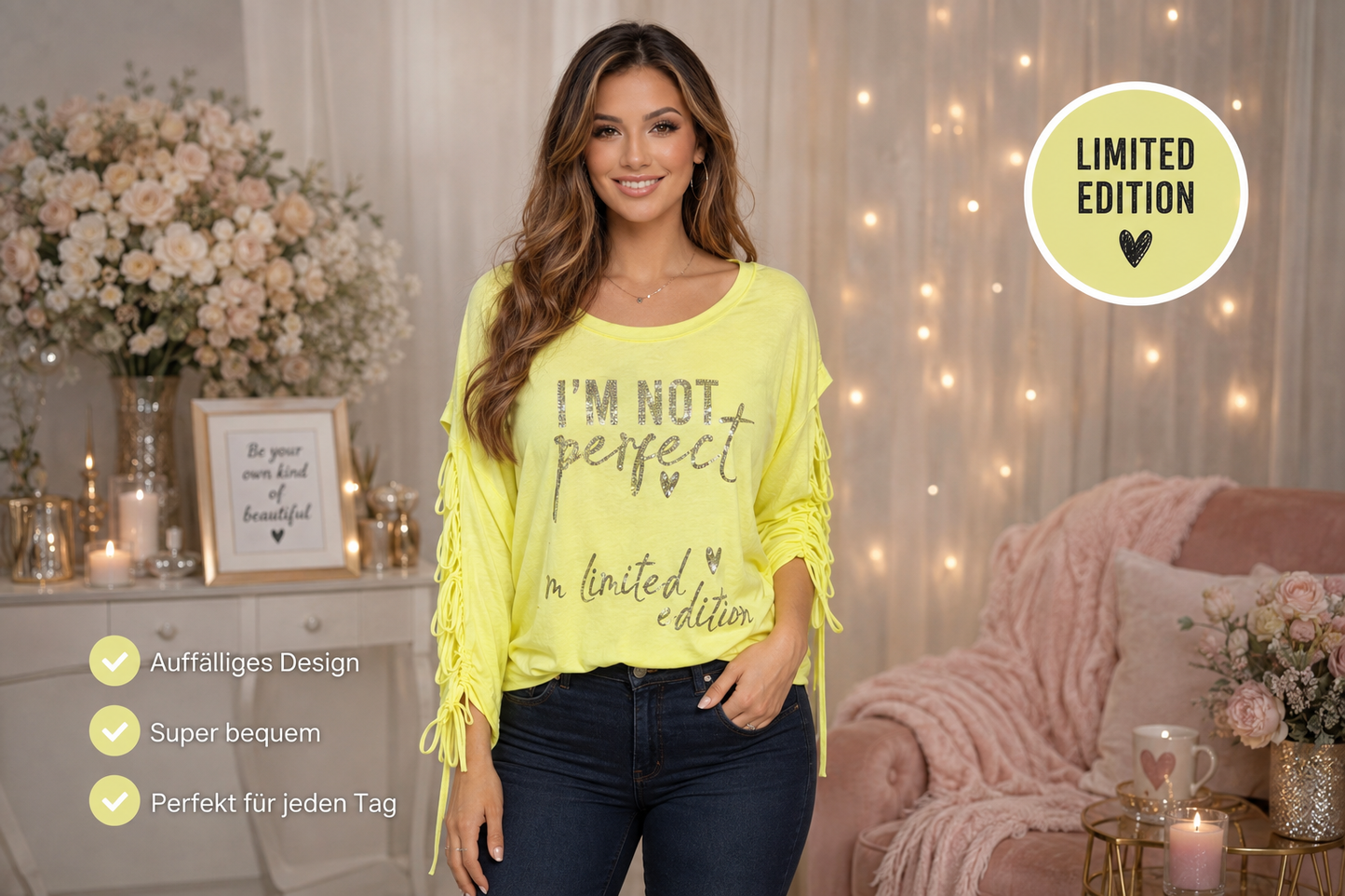 ✨ Limited Edition Damen Statement-Shirt „I’M NOT PERFECT“ 💖 | Weiß & Neon Gelb | Gr. 38–44🔥
