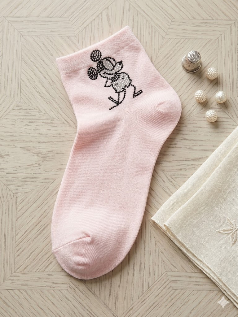 Damen Socken mit Strass-Motiv Mickey-Style – Größe 38-41 – 3 Farben 🖤💗🤍