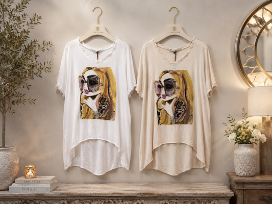 🌸 Oversize Shirt Gr. 42–48 🤍 Beige & Weiß | Trendiger Front-Print ✨