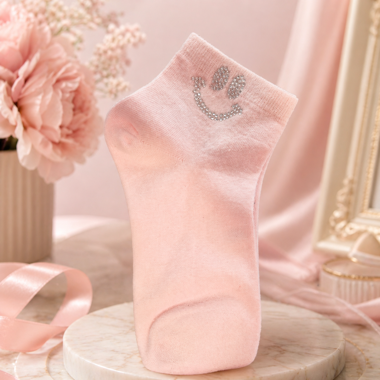 Damen Sneaker-Socken mit Strass-Smiley ✨ Größe 38–41 | 5 Farben erhältlich 🌈