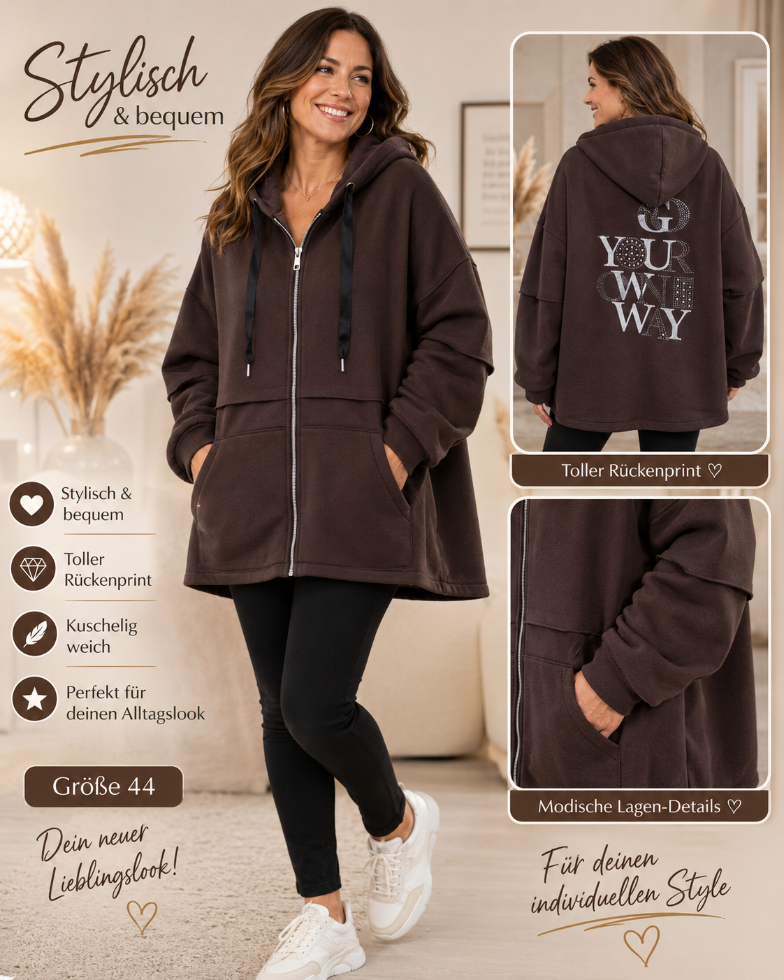 🧥 Damen Kapuzenjacke „YOUR OWN WAY“ – in 3 Farben | Gr. 44–48