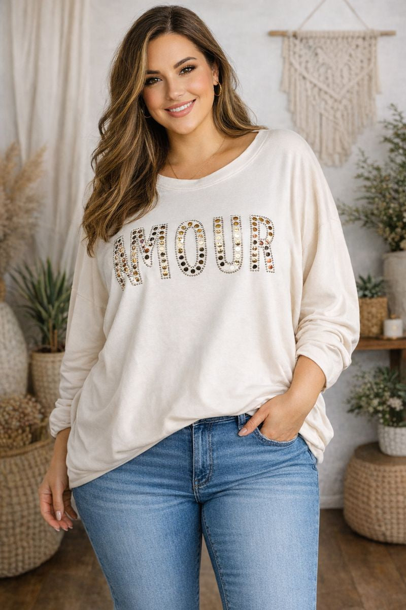 Trendiges Sweatshirt Amour mit Nieten Gr. 48 - 54