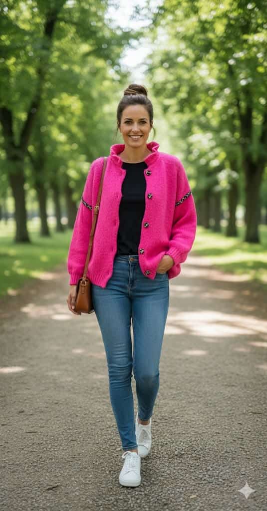 💕 Damen Strickjacke „Lea“ – Oversize Cardigan mit Knöpfen & Leoparden-Detail – Gr. 42–48