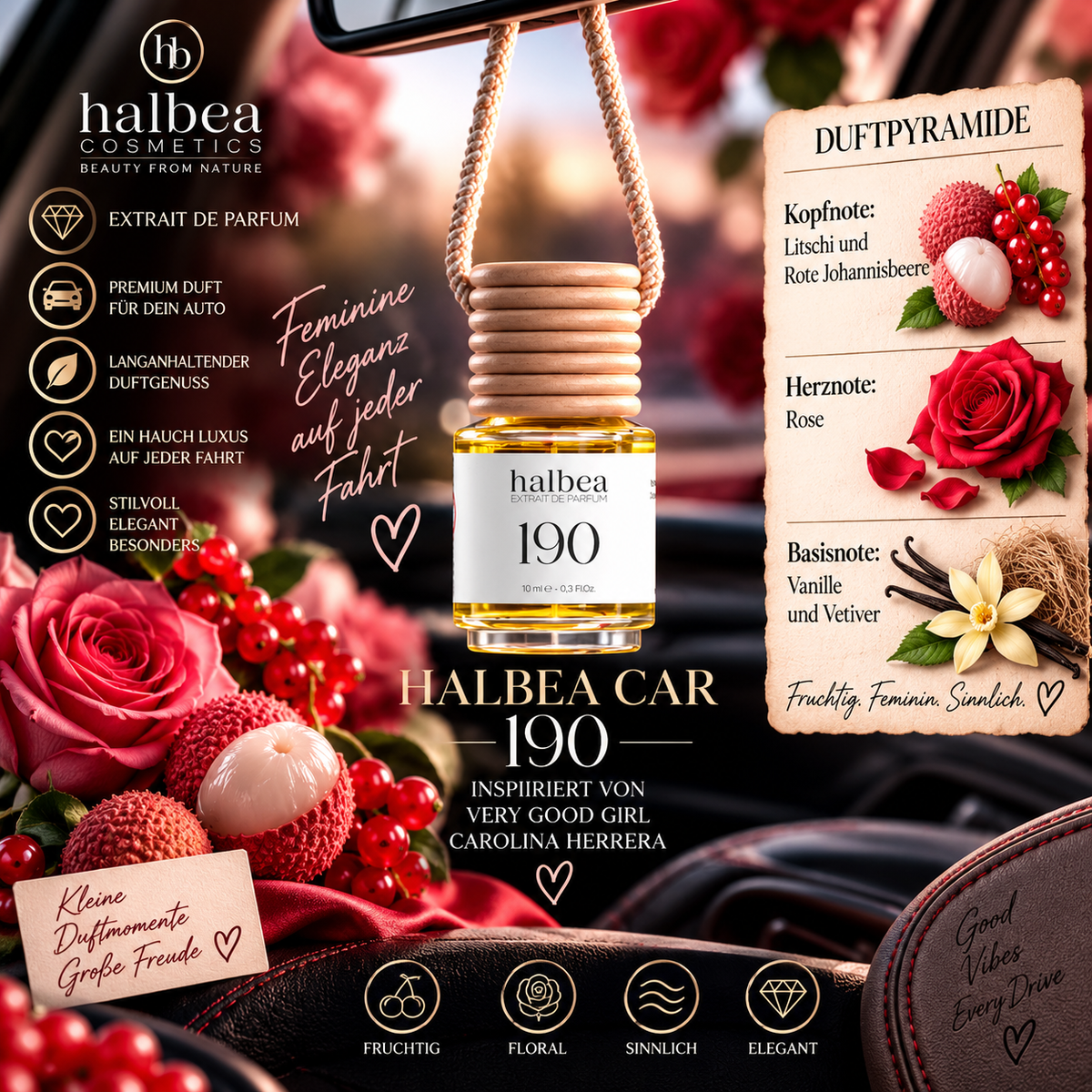 💖🚗 190 – Halbea Car 10 ml – Extrait de Parfum 🚗💖 🌹 Inspiriert von Very Good Girl – Carolina Herrera 🌹
