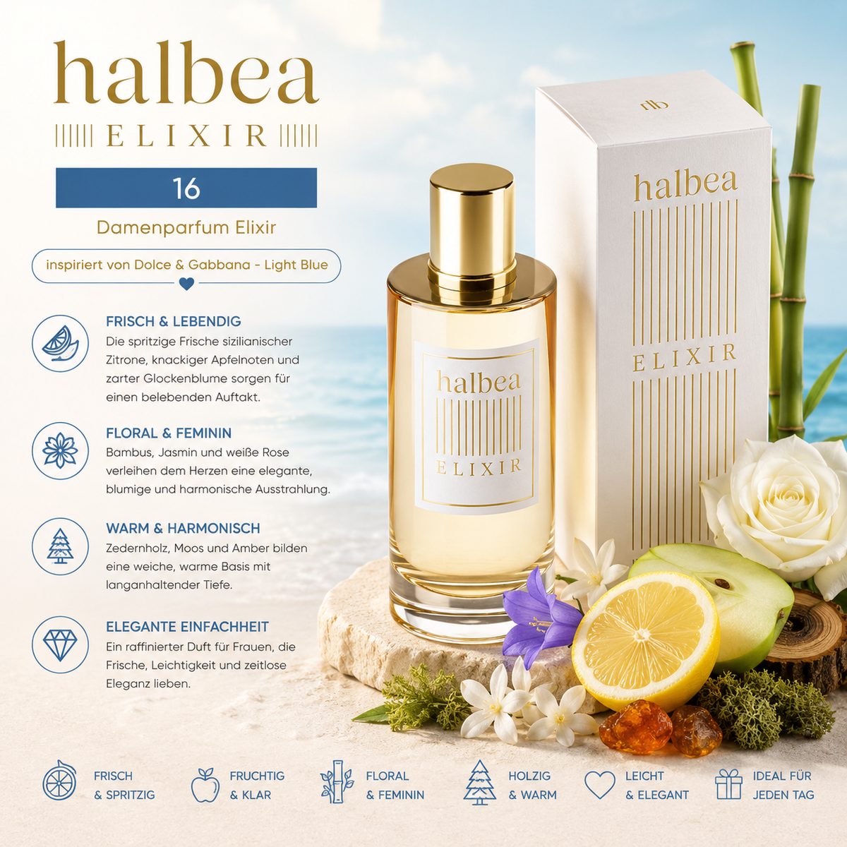 🍋💙 Halbea 16 – Damenparfum Elixir 💙🍏 💙 inspiriert von Dolce & Gabbana – Light Blue 💙