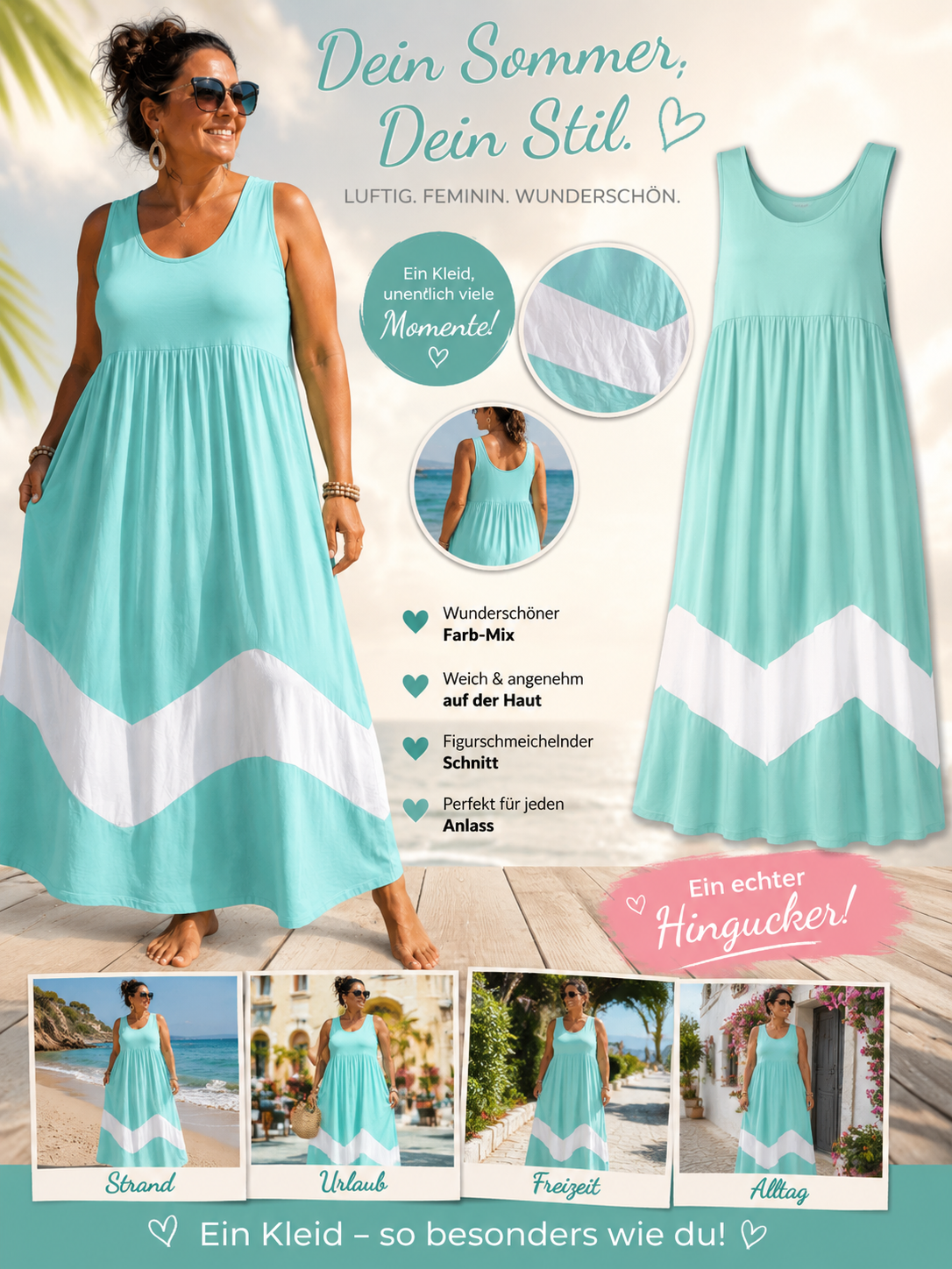 💚🌊 Sommer-Maxikleid mit Wellen-Design – Gr. 46–50 – Einzelstück 🌊💚