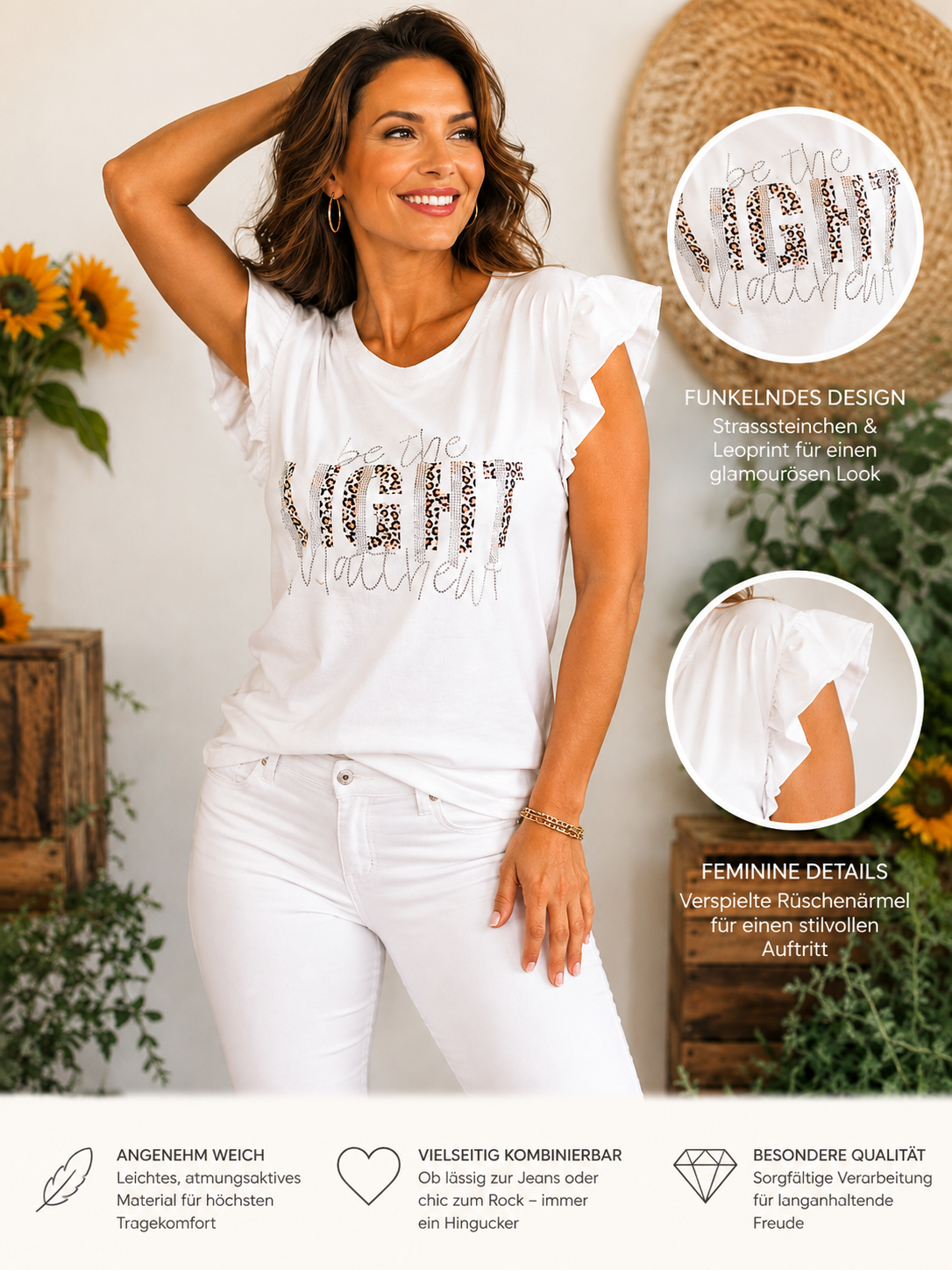 ✨ Zauberhaftes Shirt „BE THE LIGHT“ mit Strass & Leo-Details ✨ Gr. 36–42🔥🛍️