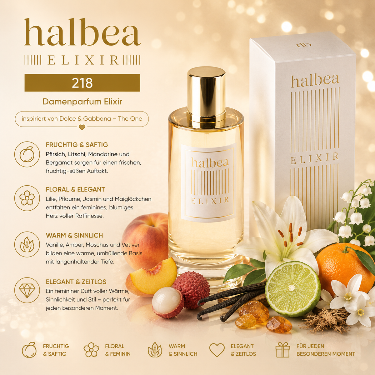✨💛 Halbea 218 – Damenparfum Elixir 💛✨ 🍑 💖 inspiriert von Dolce & Gabbana – The One 💖