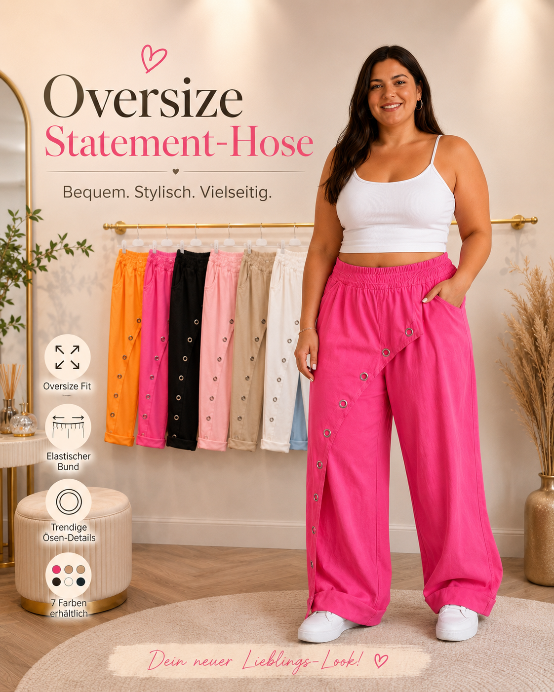 💖 Oversize Statement-Hose Gr. 44–48 | Bequeme Damenhose mit Ösen-Details ✨