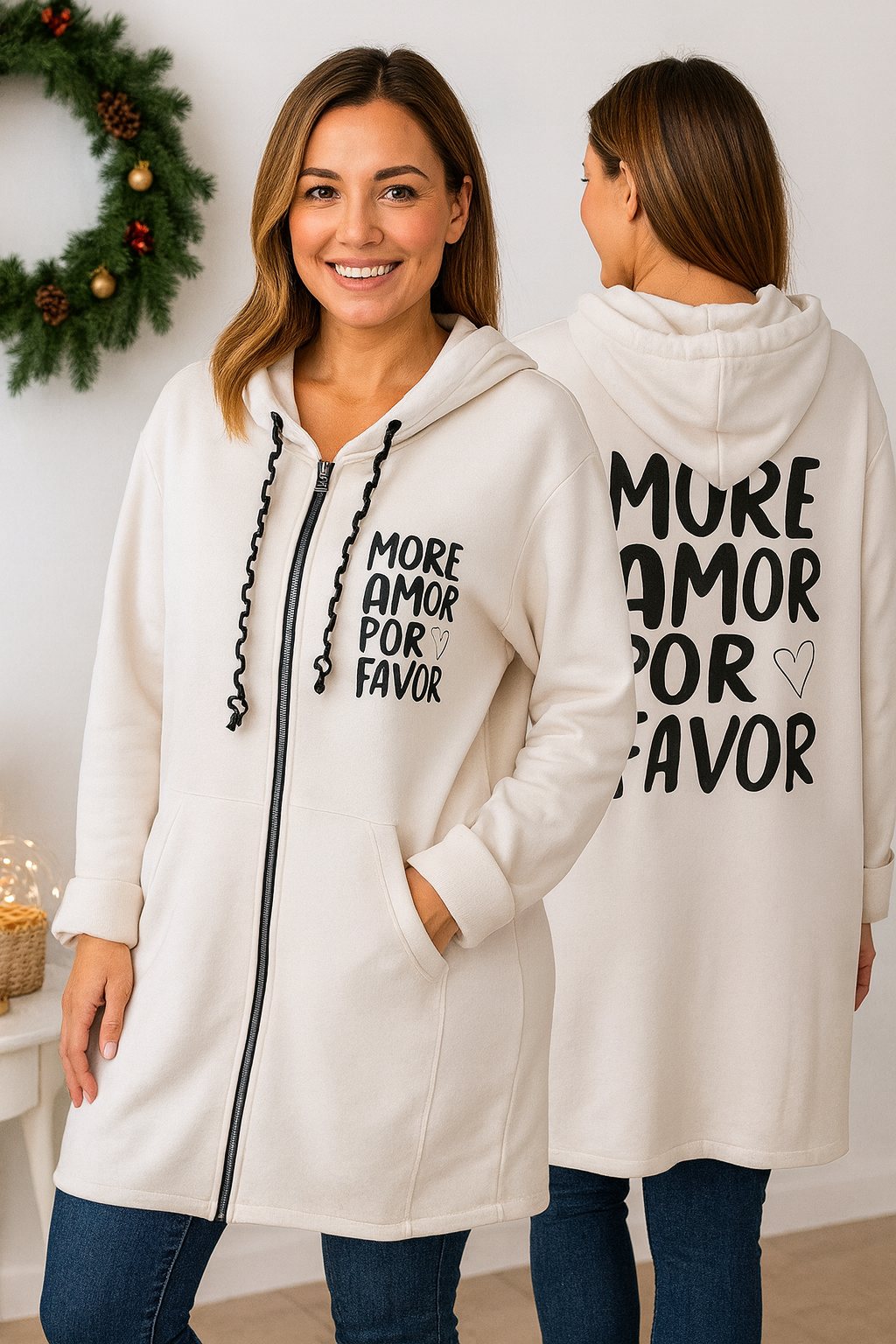 ✨ Sweatjacke mit Kapuze & Statement-Print "MORE AMOR POR FAVOR" 🌸 Gr. 38-46 | 2 Farben zur Auswahl 🖤🤎🤍🌿