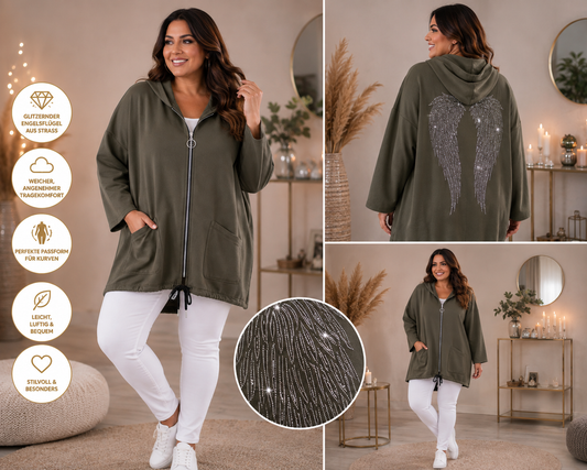 💎 Damen Longjacke Gr. 46–52 | Butterstoff | Strass-Engelsflügel | 5 Farben 👼✨