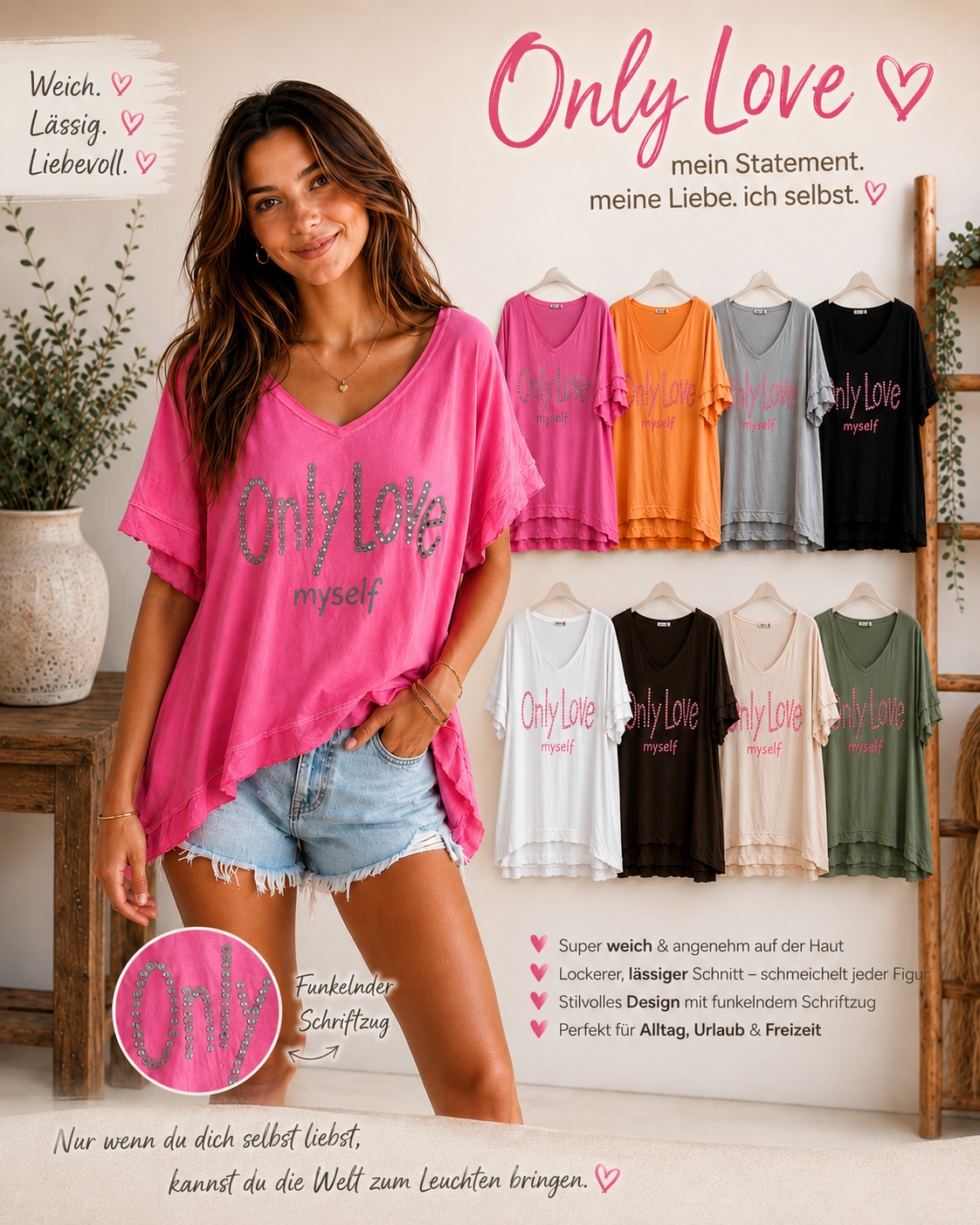 💖✨ Oversize-Shirt „Only Love“ 💖👚 Gr. 42–48