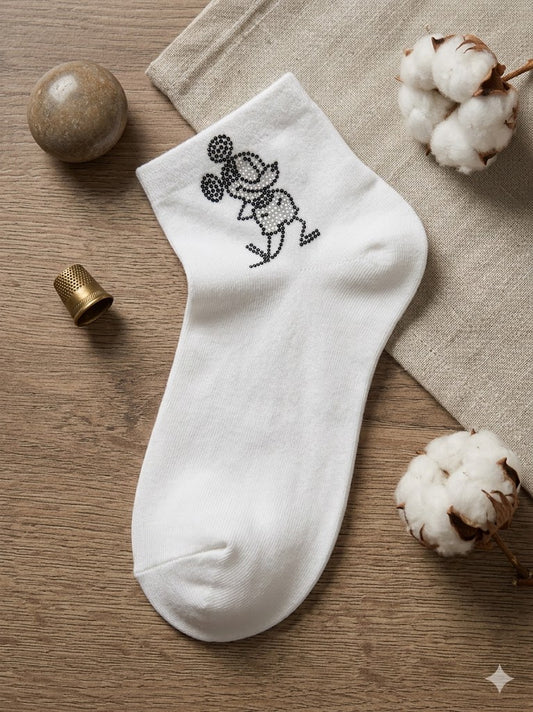 Damen Socken mit Strass-Motiv Mickey-Style – Größe 38-41 – 3 Farben 🖤💗🤍