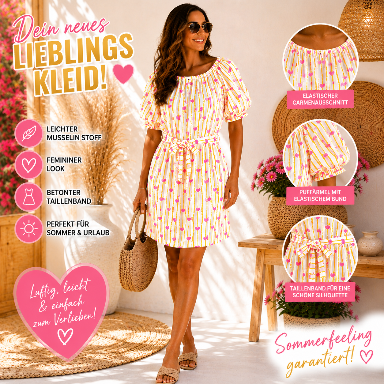💛💖 Musselin-Herzenkleid – Sommerliebling mit Puffärmeln 💖💛 Gr. 36–42 | Einzelstück