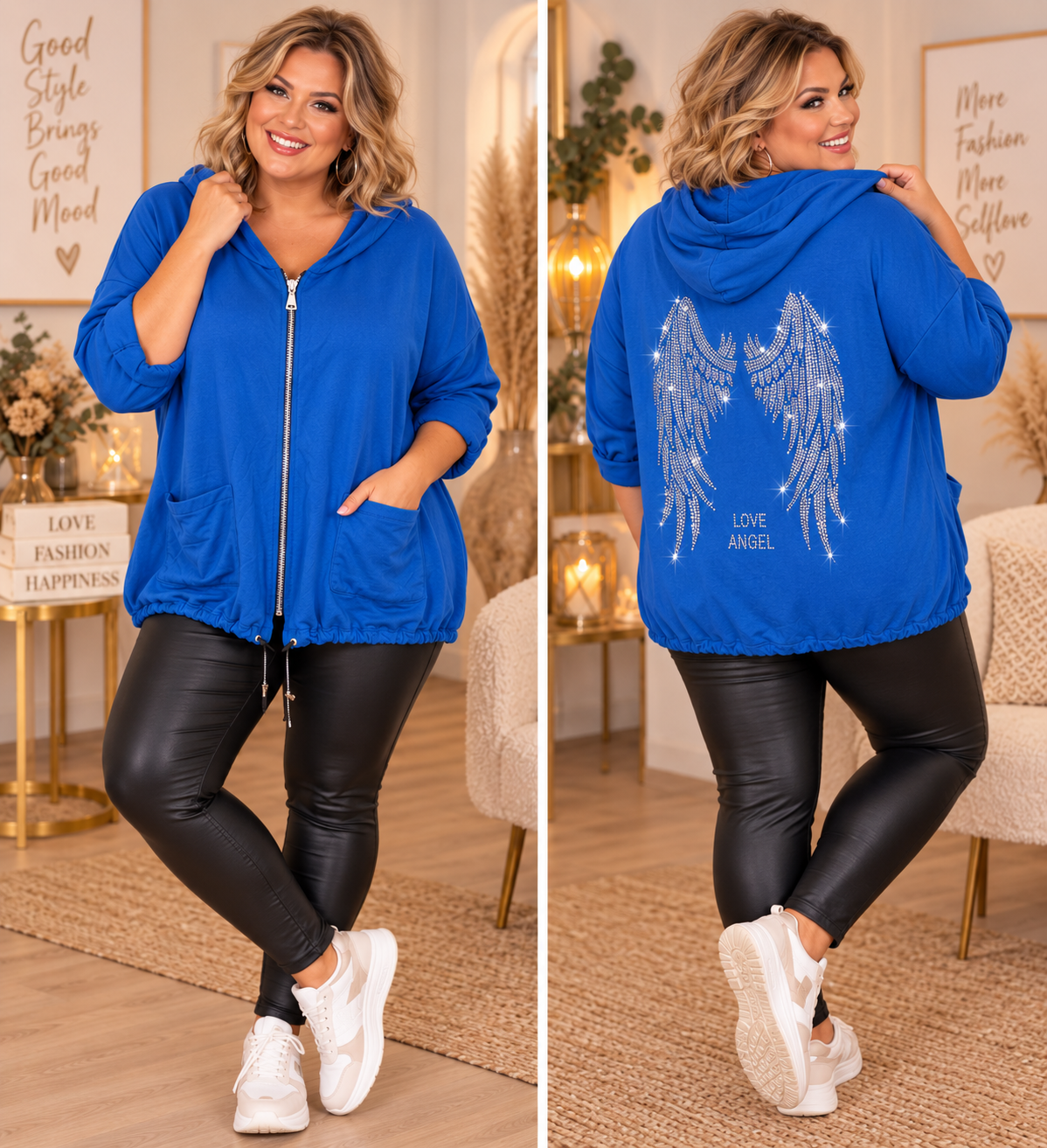 💙✨ Oversize Kapuzenjacke „Love Angel“ mit Strass-Flügeln | Gr. 42–46 ✨💙