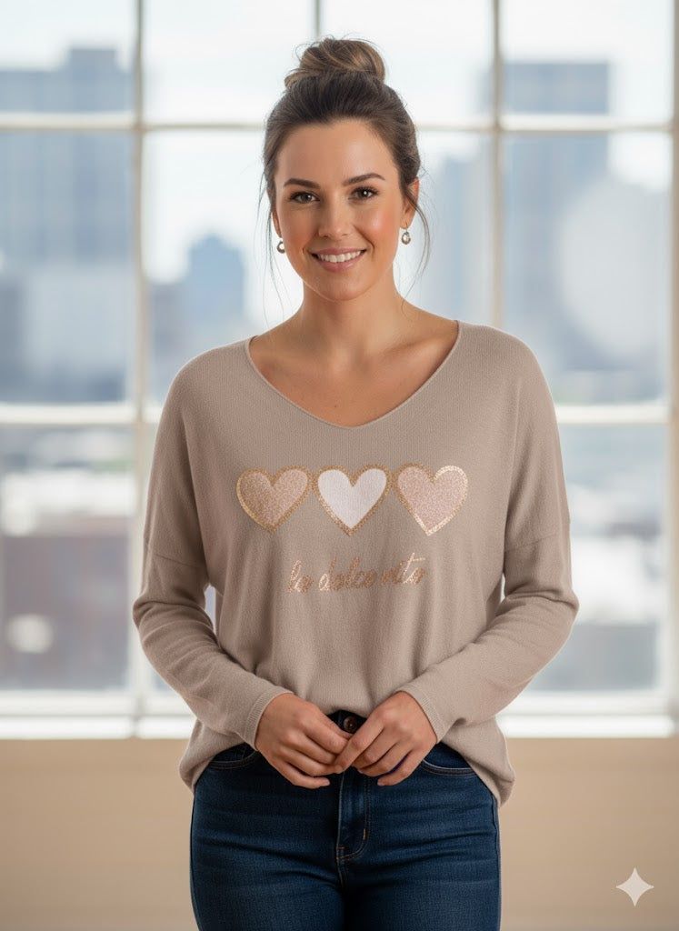 Feinstrickpullover "La Dolce Vita" mit Herz-Detail Gr. 42-46 in versch. Farben