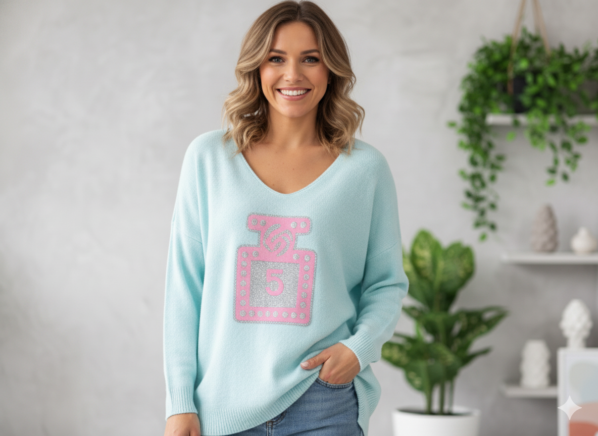 Kuschliger Pullover mit Parfumflaschen-Design Gr. 46 - 50 in versch. Farben