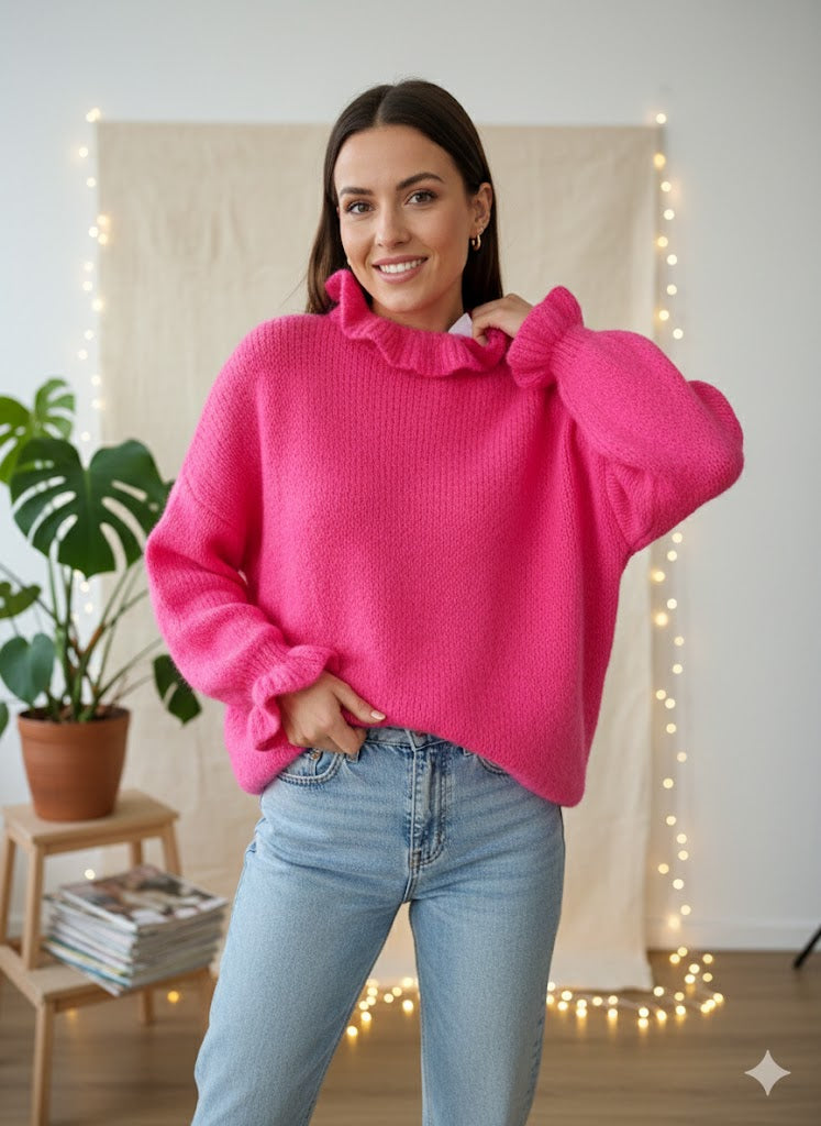 💖👑 Kuscheliger Strickpullover mit Rüschen | Größe 46-50 (Oversize) | Neon-Pink 🎀✨