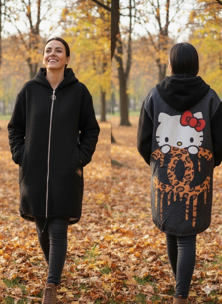 ✨ Kuscheliger Bouclé-Kurzmantel mit Hello Kitty Print – Dein Statement für den Herbst! ✨