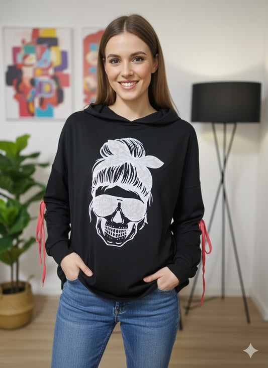 Skull Mama Vibes Hoodie (Gr. 38-44) - Erhältlich in Pink 💗 & Schwarz 🖤