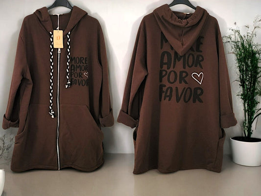 ✨ Sweatjacke mit Kapuze & Statement-Print "MORE AMOR POR FAVOR" 🌸 Gr. 38-46 | 4 Farben zur Auswahl 🖤🤎🤍🌿