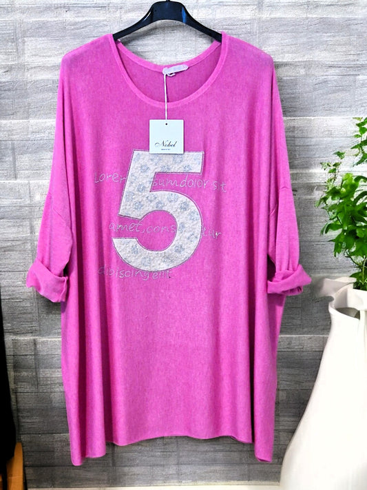 ✨ Feinstrick-Pullover mit Glitzer-Print „5“ – Gr. 52–56 – in 3 Farben ✨