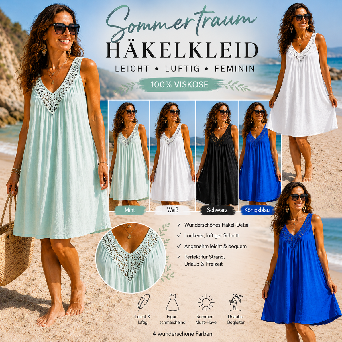 🌴 Sommertraum Häkelkleid Gr. 42–46 – 100 % Viskose | 4 Farben 🌴
