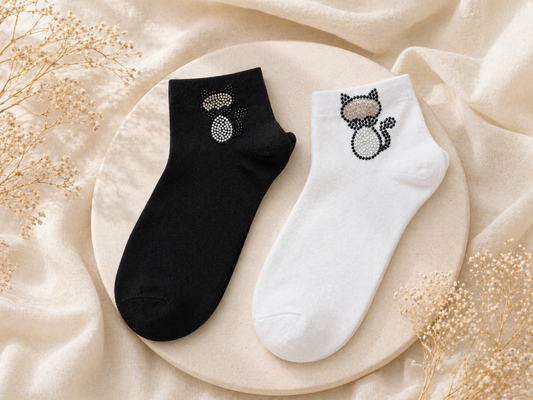 Damen Sneaker-Socken mit Strass-Katzenmotiv 🐱✨ | Größe 38–41 | 2 Farben: Schwarz & Weiß