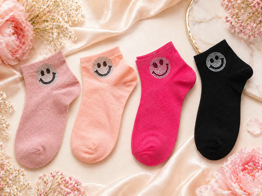Strass-Söckchen mit Smiley ✨ Größe 38–41 | mehrere Farben