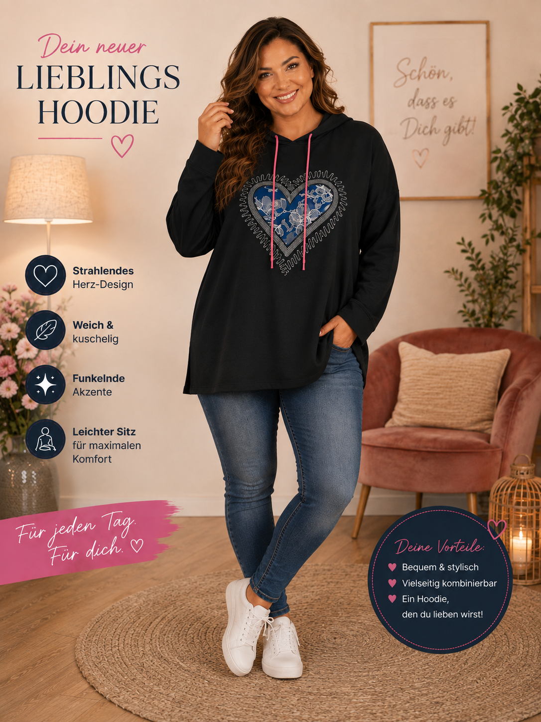 💖 Damen Oversize Hoodie „Herz“ – Gr. 46–52 | 3 Farben 💖