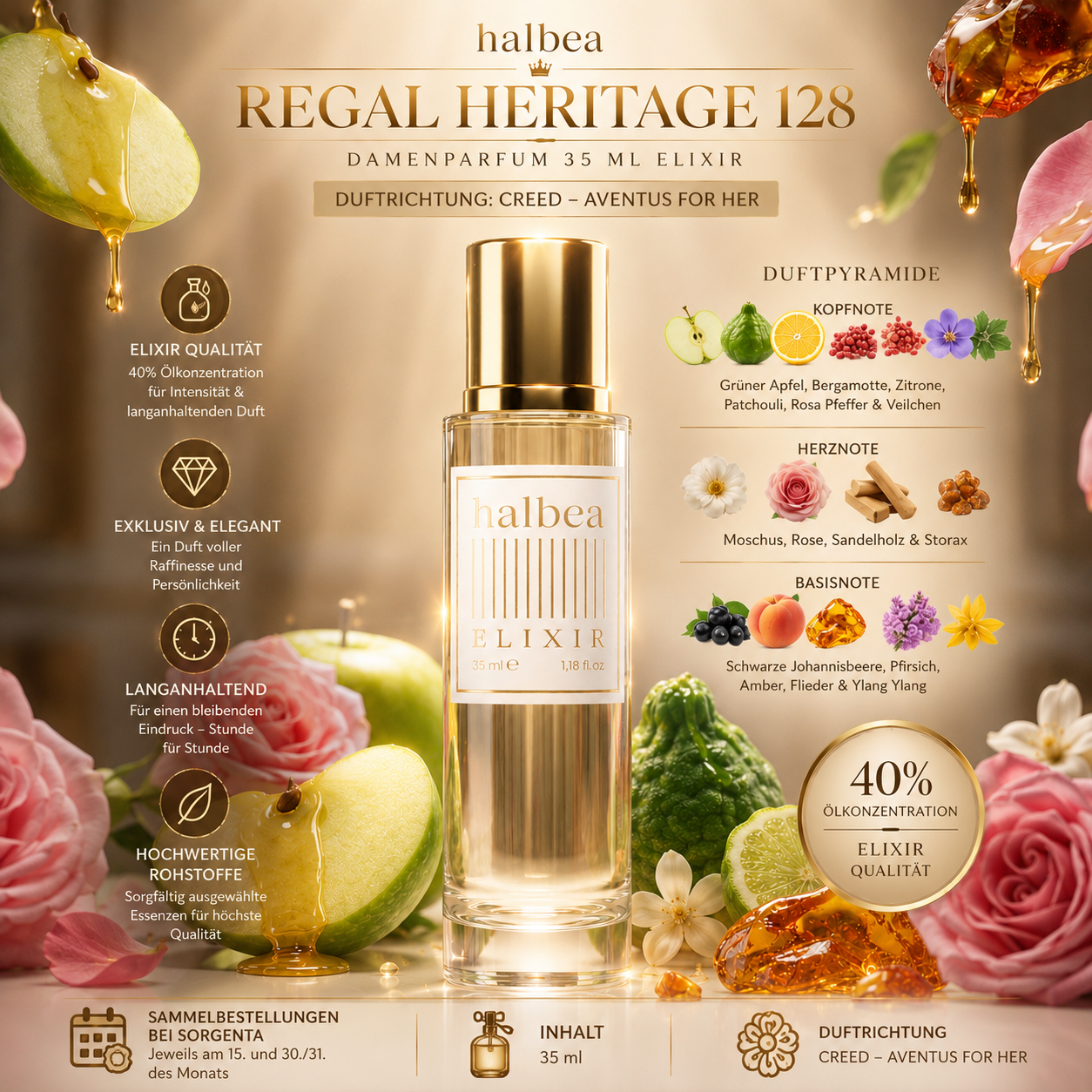 ✨ Halbea Regal Heritage 128 – Damenparfum 35 ml Elixir ✨ 🌸 Duftrichtung: Creed – Aventus for Her 🌸