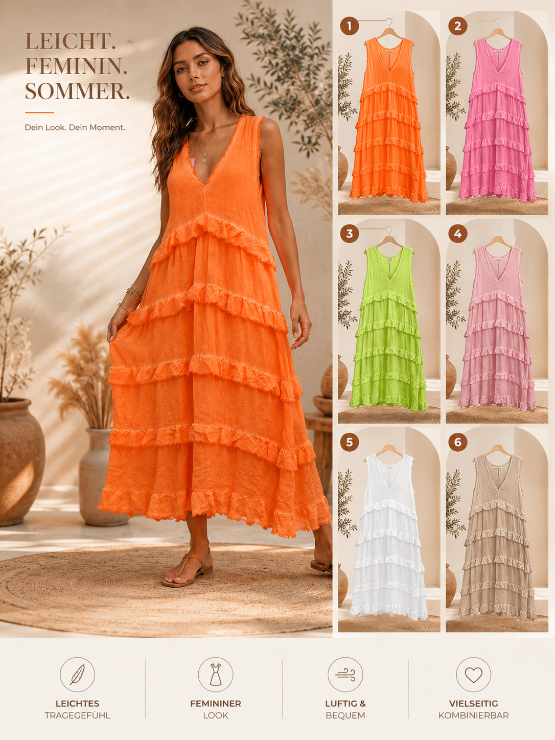 🌸✨ Maxikleid mit Volants – 6 traumhafte Farben | Gr. 42–46 ✨🌸