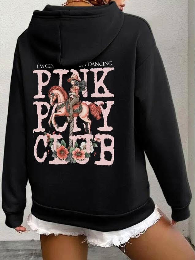 🖤 Damen Hoodie „Pink Pony Club“ – Oversize Kapuzenpullover mit Print – Baumwolle