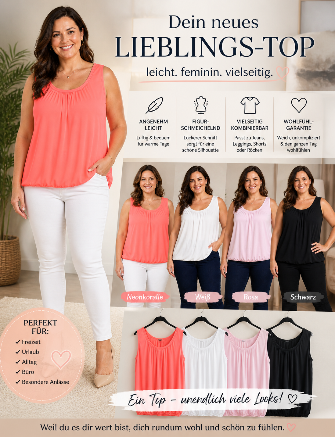🌸 Figurschmeichelndes Damen Top Gr. 44–52 – ärmellos, weich & elastisch in 4 Farben