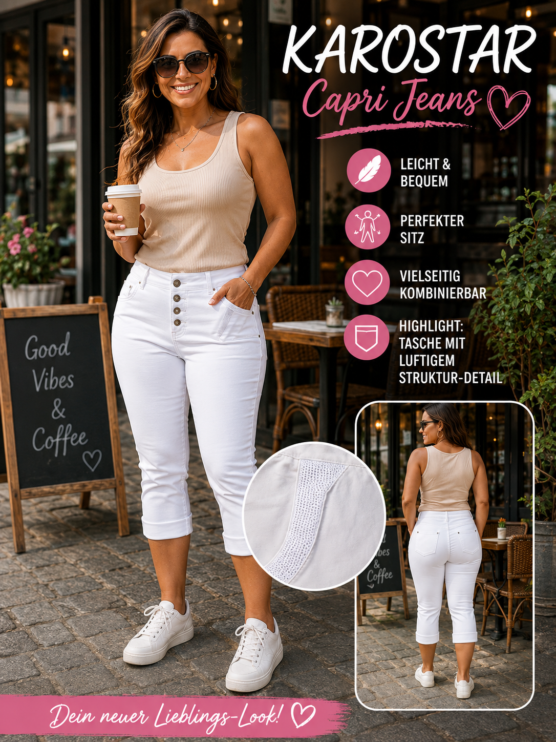 🤍✨ KAROSTAR Capri Jeans mit weißen Pailletten – Modell KC8041-11 | Gr. 46 ✨🤍