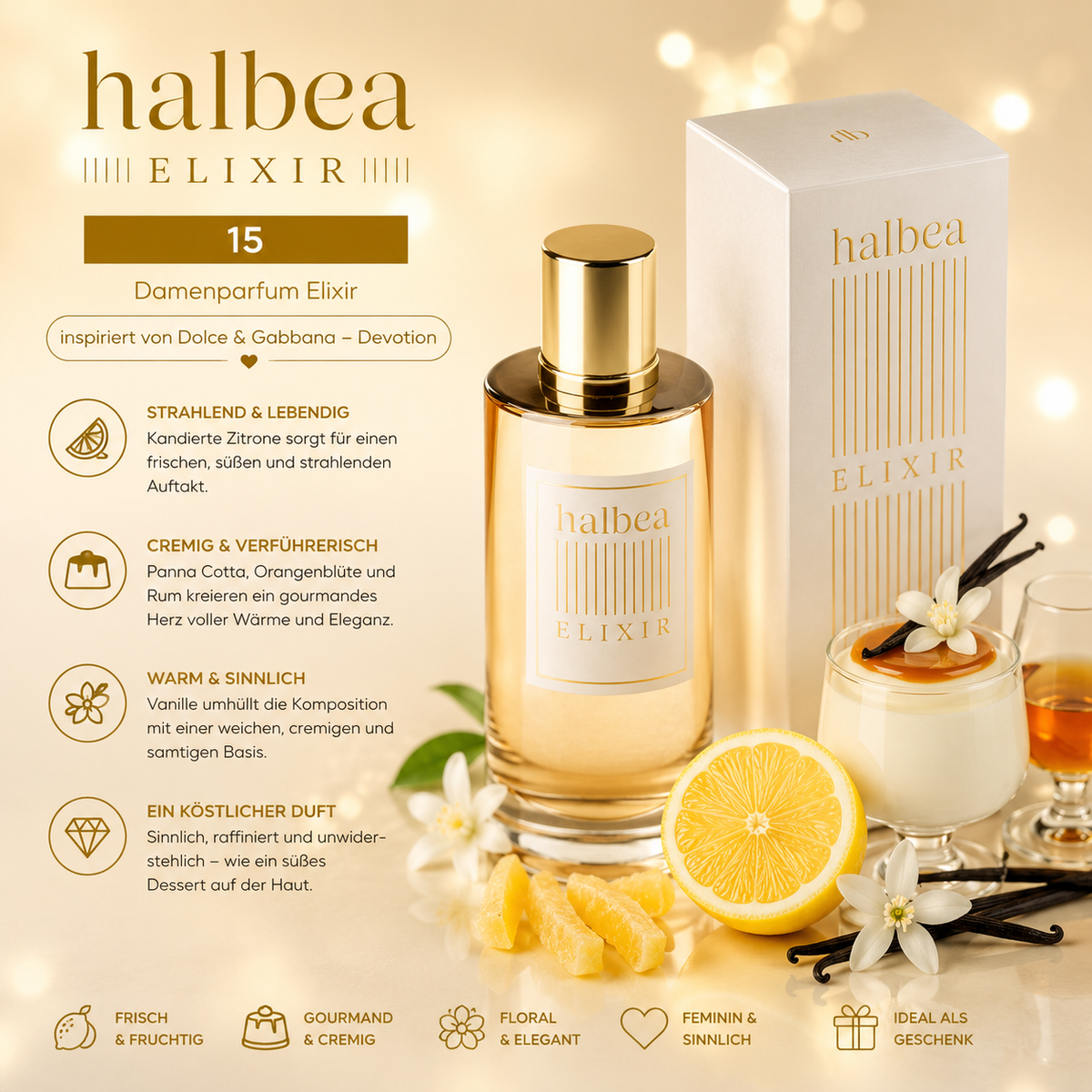 🍋✨ Halbea 15 – Damenparfum Elixir ✨🍦💛 💖 inspiriert von Dolce & Gabbana – Devotion 💖